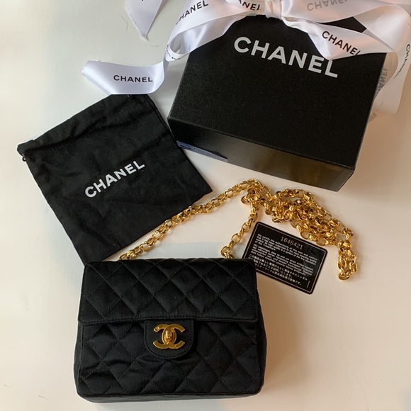 CHANEL 🖤RARE Vintage “1” Series Real Gold Bijoux Chain Black Satin Quilted Bag - Picture 6 of 16